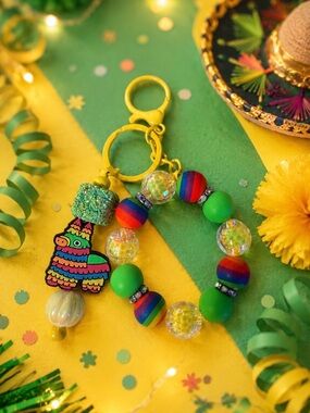 Handmade Colorful Fiesta Piñata Beaded Keychain - Green & Yellow